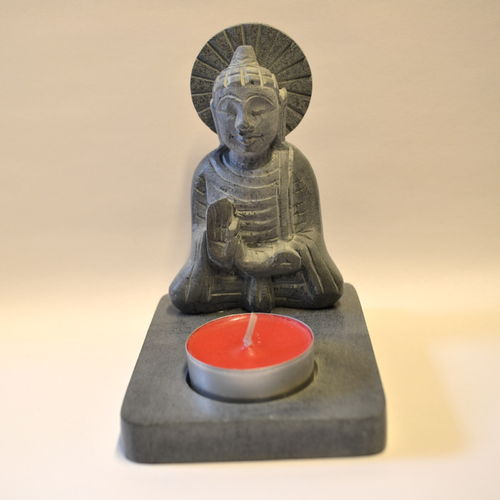 Buddha Teelichthalter Speckstein grau
